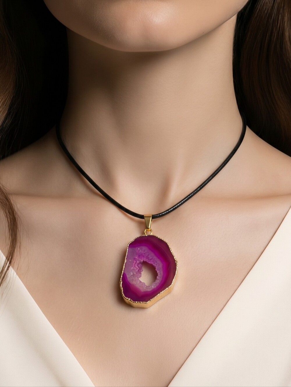 Fuchsia Pink Druzy Agate Teardrop Necklace Geode Slice Gold Edge Pendant Bold